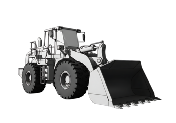 Illustration of a modern frontend loader construction vehicle with a large bucket, isolated on a transparent background, representing heavy machinery on transparent background