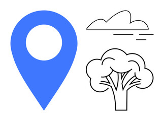 Blue location marker beside a tree and cloud in simple minimal design. Ideal for navigation, maps, sustainability, eco-tourism, growth, environment-friendly urban planning, simple flat metaphor