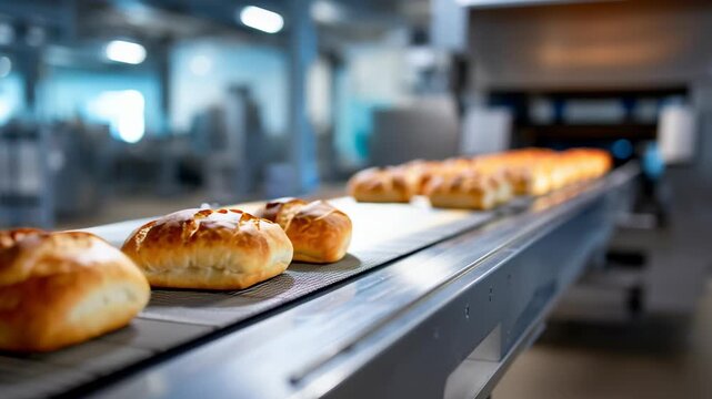 Freshly baked bread rolls and loaves moving bakery conveyor belt food production line with warm lighting and industrial background