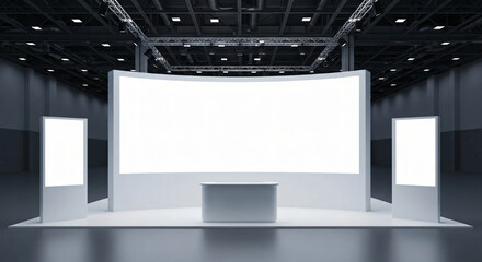 Empty Trade Show Booth Mockup, Exhibition Stand, White Backdrop, Convention Center