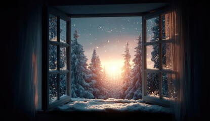 Winter sunrise view through a snowy window