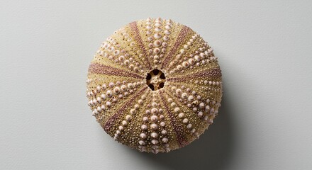 A top-down view of a dried sea urchin shell, showcasing its intricate radial symmetry and detailed texture on a plain background.