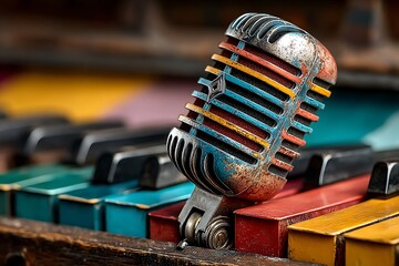 Vintage microphone on colorful piano keys retro