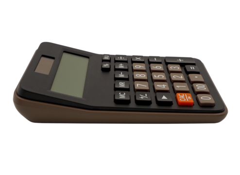 Side view, close up, single small black plastic digital calculator, electronic office supplies for used to calculate numbers in economics, mathematics and business, isolated on transparent background.
