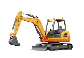 Illustration of a yellow and orange mini excavator with a black interior, isolated on a transparent background on transparent background