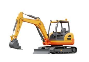 Illustration of a yellow and orange mini excavator with a black interior, isolated on a transparent background on transparent background