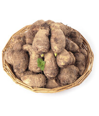 Shandong Fragrant Taro Roots in Wicker Basket - Fresh Chinese Vegetables for Traditional Cooking