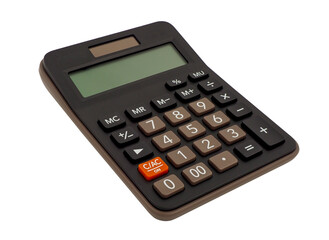 Close up, single small black plastic digital calculator, electronic office supplies for used to calculate numbers in economics, mathematics and business, isolated on transparent background.