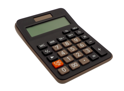 Close up, single small black plastic digital calculator, electronic office supplies for used to calculate numbers in economics, mathematics and business, isolated on transparent background.
