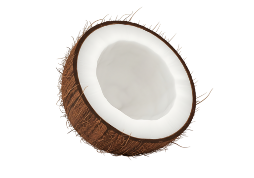 Illustration of a fresh coconut cut in half, revealing its white flesh and brown husk, isolated on a transparent background on transparent background