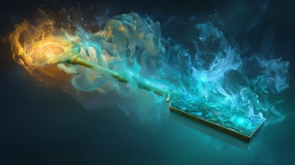 mystical glowing key floating in dark air, fiery and icy aura swirling, fantasy magical relic illustration