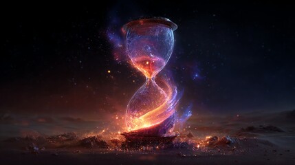 enchanted hourglass glowing with cosmic light, fiery sands swirling inside, magical artifact digital art
