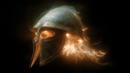 floating ancient helmet with glowing eyes, aura of fire and lightning, mystical fantasy relic