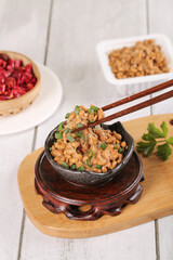 Japanese Natto Fermented Soybeans in Stone Bowl with Chopsticks Traditional Asian Food