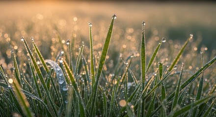 Morning dew on grass blades with a golden sunrise in the background.