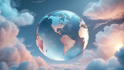 Matte glass globe with an Asia-Oceania focus, rotating gently amidst soft pink and blue pastel clouds drifting in a vast sky - Powered by Adobe
