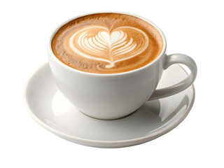 Latte art coffee cup with heart design foam isolated on transparent background