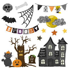 Obraz premium Set collection of spooky watercolor crayon halloween element decoration ornament scary party theme doodle kids illustration design clipart sticker