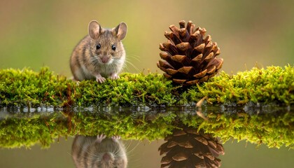 Small rodent sits by a pine cone, reflected in still water