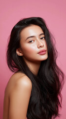 Fototapeta premium Young woman posing against pink background in casual style. 