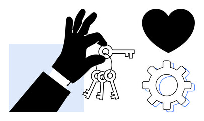 Hand holding keys alongside heart and gear shapes. Ideal for success, problem-solving, relationships, teamwork, opportunity, love, partnership concepts. Bold simple flat metaphor