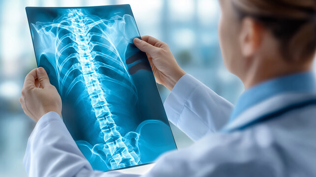 Doctor examining spine X-ray image in medical office. 
