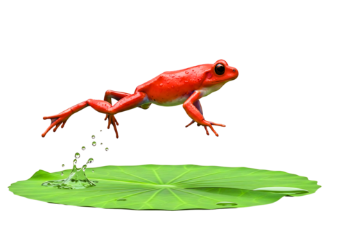 Vibrant red frog leaping over green lily pad isolated on transparent background