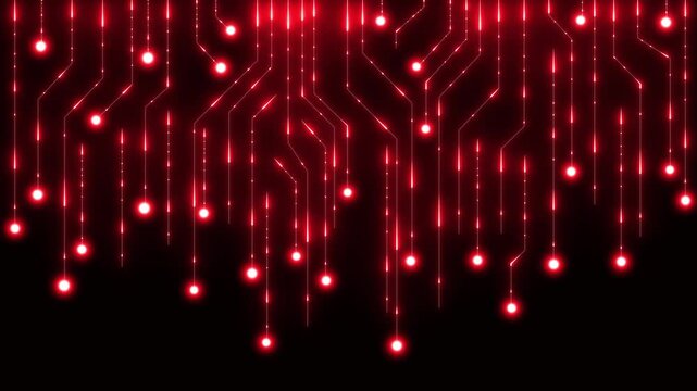 Abstract neon red tech circuit board lines sci-fi motion background.