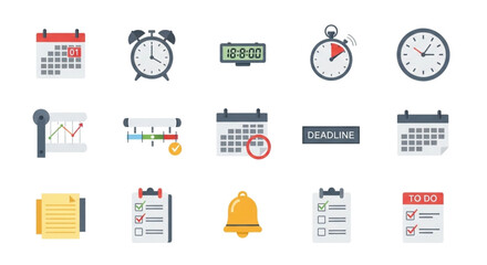 Calendar and clock icon set visualizing time, deadlines, and schedules