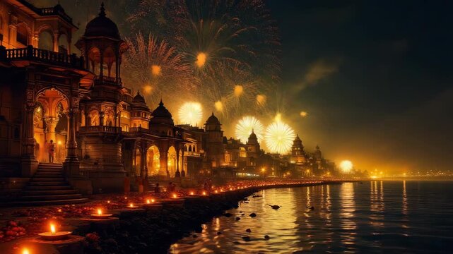 Grand dev deepavali celebration in varanasi with sparkling fireworks and illuminated river ganges ghats at night