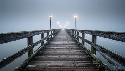 Fototapeta premium Misty wooden pier, extending into fog