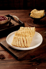 Dried Bean Curd Tofu Skin Sheets Sliced Asian Cuisine Ingredient on Wooden Board