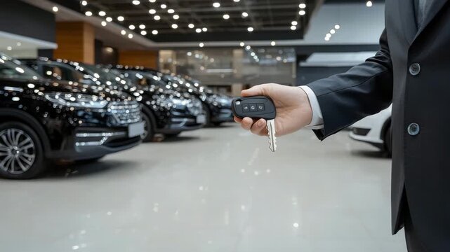 Car dealership display with a salesperson holding keys while showcasing various vehicles for potential buyers