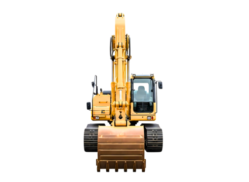 Yellow excavator with bucket and tracks isolated on transparent background