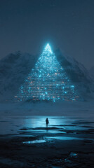 Person standing atop glowing blue data pyramid made of code lines in icy landscape under starry sky creating mysterious cinematic scene with snow-covered mountains and futuristic technology elements.
