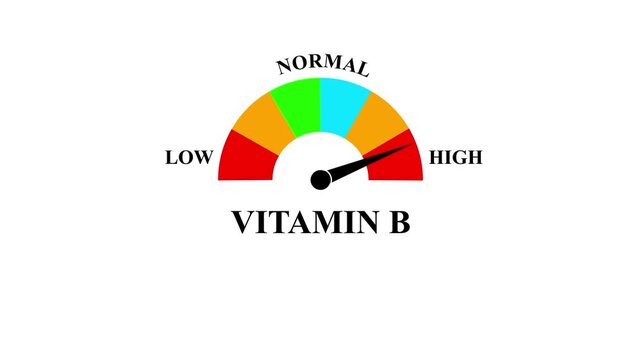 Animated vitamin B1 level meter decreasing from normal to low level, for to vitamin B1 deficiency, nutrition and energy metabolism