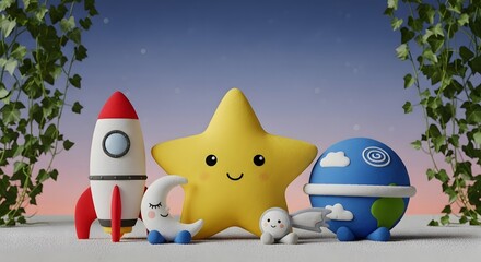 Whimsical Night Sky Scene with Rocket, Star, Moon, and Earth Plush Toys