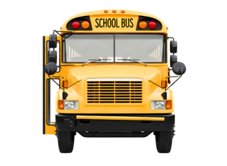 Front view of a classic yellow school bus isolated on transparent background