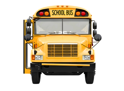 Front view of a classic yellow school bus isolated on transparent background