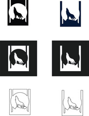 Howling wolf icon set vector design with flat, outline, and silhouette options, ideal for logos, wildlife graphics, and outdoor survival branding.