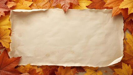 Horizontal frame with a torn paper effect and a border of rich autumn foliage. Rustic and vintage seasonal design for banners or announcements with a blank, aged center for custom text
