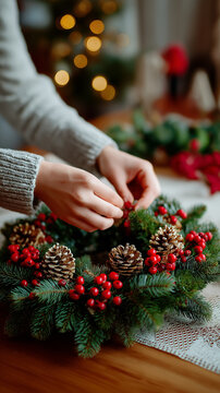 Hands making Christmas wreath with pinecones and red berries. 
