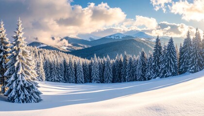 Snowy mountain landscape at dawn