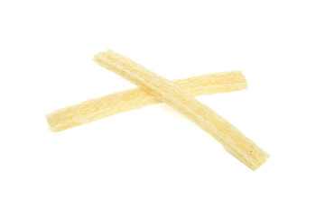 Dried Beef Tendon Dog Chews Crossed on White Background Natural Pet Treats