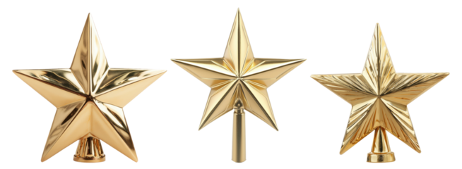 Three elegant golden Christmas stars with detailed metallic finish, isolated on transparent background