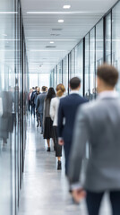 Modern office hallway with people walking. 

