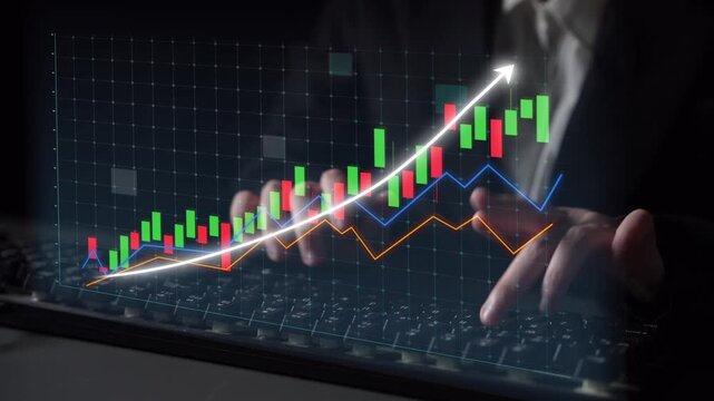 A business professional analyzes stock market trends using colorful graphs and digital technology on a laptop keyboard in a dimly lit office setting. Copula - Powered by Adobe