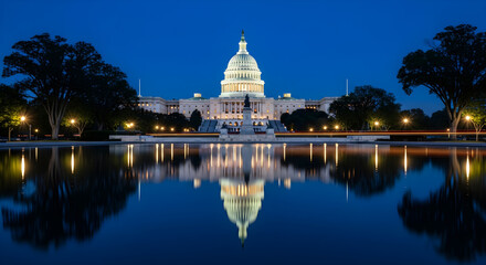Reflective beauty illuminates a majestic building in the twilight hour of a serene urban landscape.