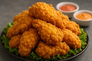 Crispy golden fried chicken wings piled high on a bed of fresh lettuce with dipping sauces