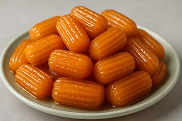 A close up shot of a pile of golden brown sweet fried dough pastries soaked in syrup on a white plate